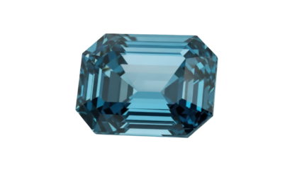 Isolated emerald-cut blue gemstone, highly faceted with many reflective surfaces, aquamarine blue