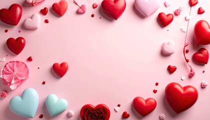 A vibrant collection of heart shapes in red pink and blue arranged on a soft pink background for celebrations.