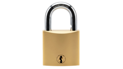 Isolated metallic gold-colored padlock, security locking mechanism, protection for personal items