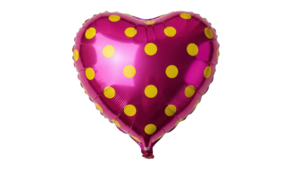 Isolated pink heart-shaped balloon with yellow polka dots floats as festive decor element