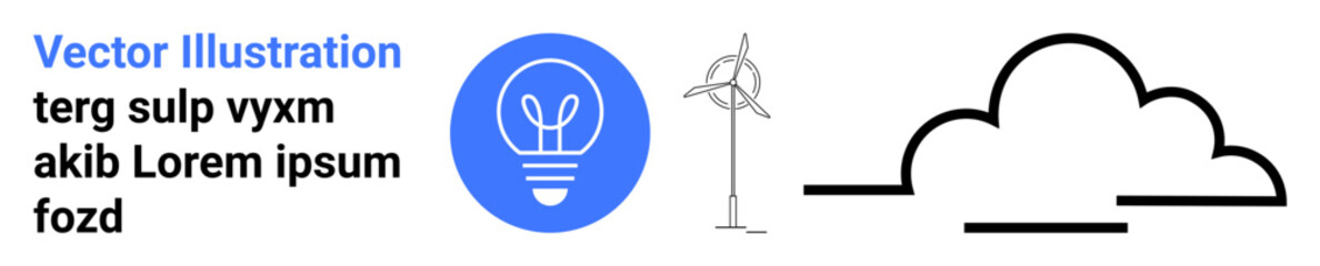 Renewable energy, climate action, green technology, sustainability, clean power, eco-friendly solutions. A lightbulb, wind turbine and cloud innovation and clean energy. Renewable energy and climate