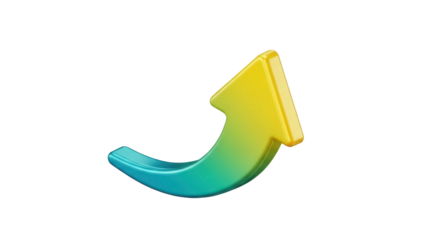 Isolated stylized icon of a teal to yellow arrow curving up and to the right on a clean backdrop
