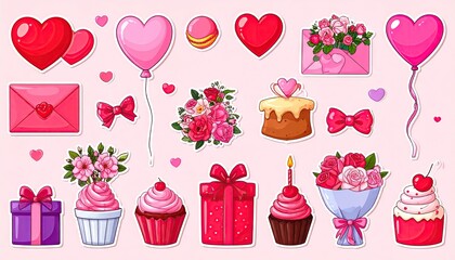 Cute collection of romantic celebration elements including hearts balloons gifts and sweets.