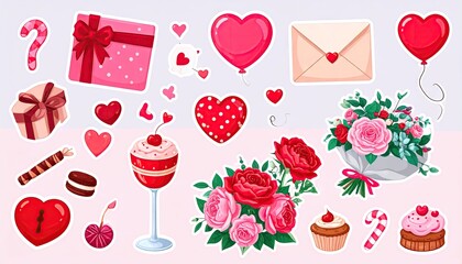 Collection of Valentines Day themed illustrations featuring gifts flowers sweets and hearts.