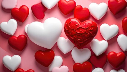 A beautiful arrangement of red and white hearts on a pink background.