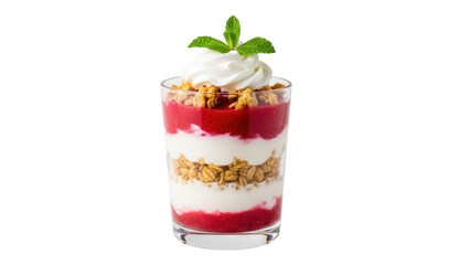 Isolated strawberry parfait dessert topped with whipped cream and fresh mint in a clear glass