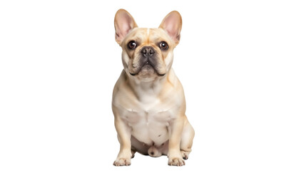 Isolated fawn French Bulldog sits, poses, and faces the camera. Adorable pet portrait