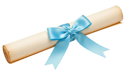 Isolated diploma scroll tied with sky-blue ribbon, congratulations certificate award concept