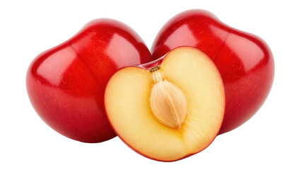 Isolated glossy red plums with half plum, stone fruit still life healthy eating theme