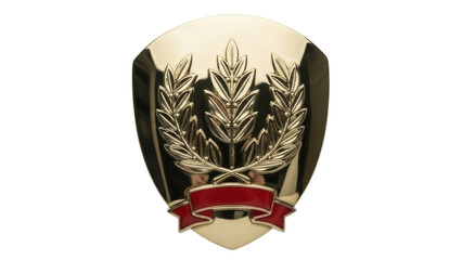 Isolated award shield with gold leaves and red banner, shiny and metallic, achievement