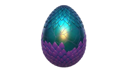 Isolated fantasy dragon egg is patterned with scales in iridescent colors, surreal, detailed