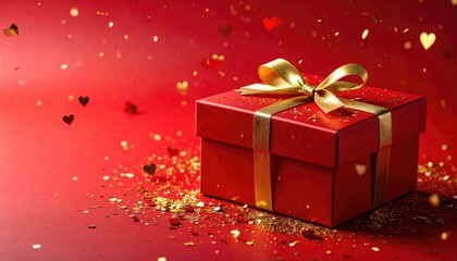 Elegant Red Gift Box with Golden Ribbon and Heart Confetti.