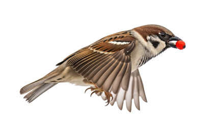 Isolated sparrow flying with red berry in beak against light background studio shot