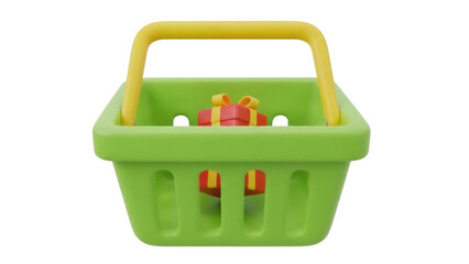 Isolated green toy shopping basket with yellow handle, including a small present inside