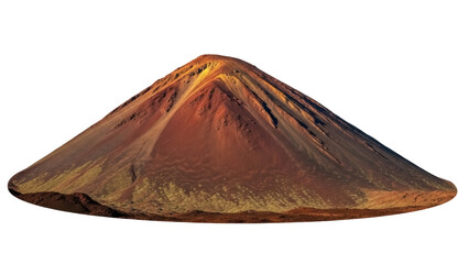 Isolated volcano mount with a crater at its peak, dark lines running down from the top