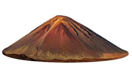Isolated volcano mount with a crater at its peak, dark lines running down from the top