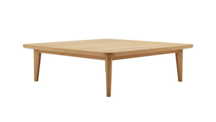 Isolated modern oak coffee table, square tabletop with rounded edges and tapered legs