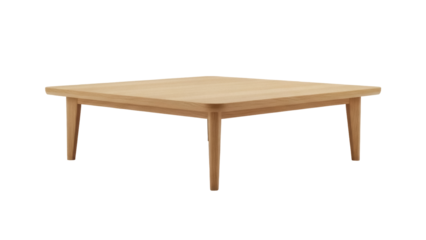 Isolated modern oak coffee table, square tabletop with rounded edges and tapered legs