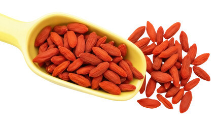 Isolated goji berries scooped in a yellow bowl, nutritious and vibrant healthy snacks