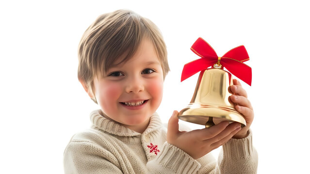 Adorable child holding golden christmas bell with red ribbon