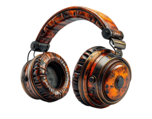 Detailed, textured headphones with brown and orange tones against a black background