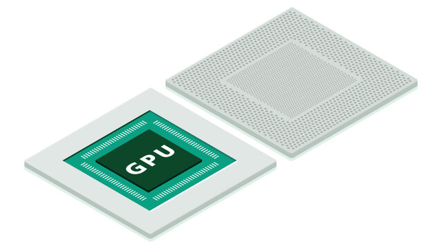 Isometric illustration visualizing the front and back structure of a packaged GPU used for AI acceleration high performance computing and modern semiconductor systems