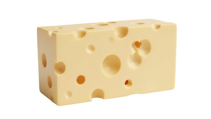 Isolated block of cheese with holes, cheddar style, dairy food, Swiss, close-up, block shape
