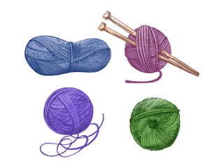 Hand drawn vintage sketch of multicolored yarn balls and knitting needles set, isolated vector illustration