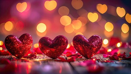 Three Glittering Red Hearts on Wooden Surface with Bokeh Lights and Petals.