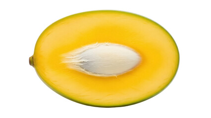 Isolated Marian plum cut in half displaying flesh and seed against a plain background