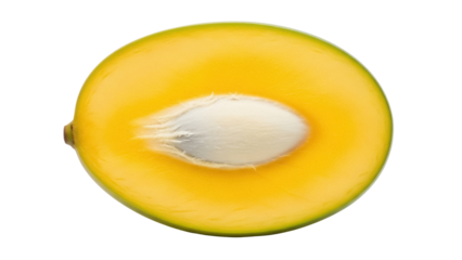 Isolated Marian plum cut in half displaying flesh and seed against a plain background