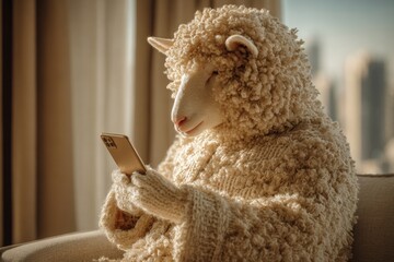 Fearful sheep with phone: a morning to remember. Crypto profit methods. Trading crypto: modern wealth building or digital trap. How crypto works. Cute sheep.