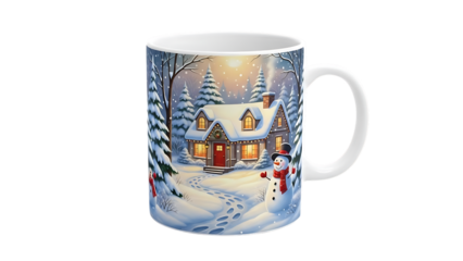 Snowman and cozy house in winter forest mug design