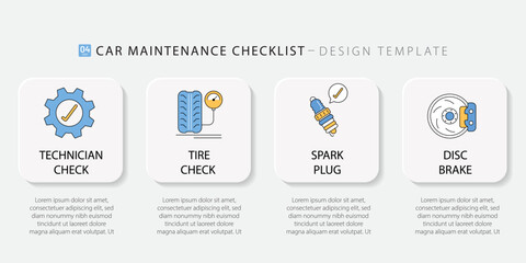Car Maintenance Checklist Infographic Template with 4 Steps: Technician, Tire Pressure, Spark Plug, and Disc Brake Service Icons on White Background. , vector illustration.