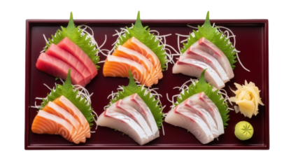 Isolated sashimi assortment on platter, selection of fresh raw seafood, Japanese cuisine