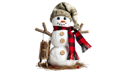 Snowman with plaid scarf and knitted hat on black background