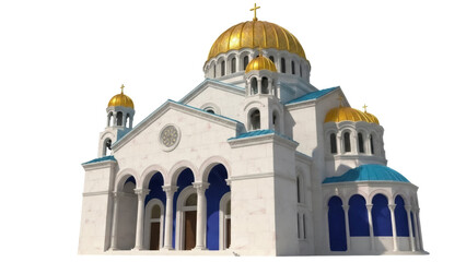 Isolated Church cathedral dome exterior. Religious architecture, golden cupolas and cross
