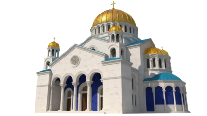 Isolated Church cathedral dome exterior. Religious architecture, golden cupolas and cross