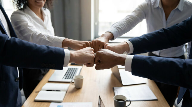 Cropped of a business teams hands clasped together in a fist bump, showcasing their camaraderie and unity. The image captures the essence of teamwork
