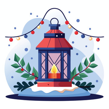Christmas  lantern with decorations and string lights on snowy table on white background