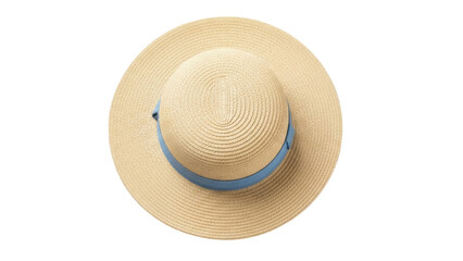 Isolated straw sun hat with blue ribbon, fashionable summer headwear for vacation