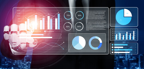 A business professional engages with interactive data visualizations, showcasing graphs and charts that represent key performance metrics in a modern working environment. Gantry