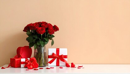 Romantic Red Roses Gift Boxes and Petals for Valentines Day Celebration.
