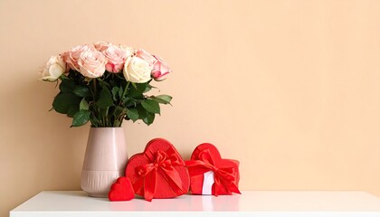Elegant bouquet of pink and white roses with red heart shaped gift boxes.
