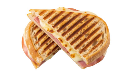 Isolated grilled cheese and ham sandwich diagonally cut ready to eat appetizing lunch meal
