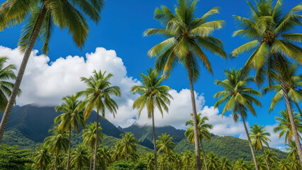 Lush Tropical Landscape with Palm Trees and Mountains