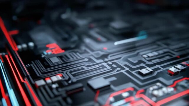 Close-up of a computer motherboard with an integrated circuit and glowing red circuit traces.