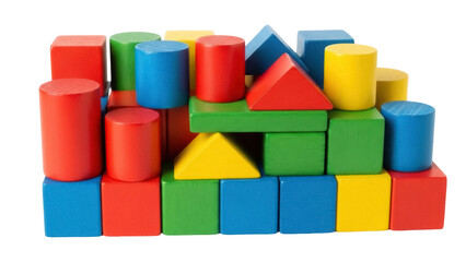 Isolated pile of multicolored wooden building blocks with various shapes and textures