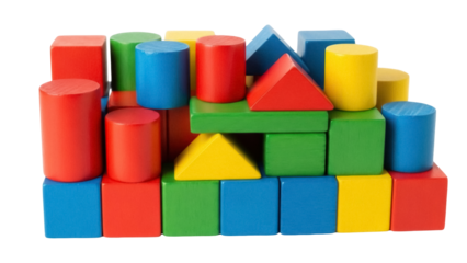Isolated pile of multicolored wooden building blocks with various shapes and textures