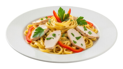 Isolated tagliatelle pasta dish with sliced chicken breast and red pepper on round plate